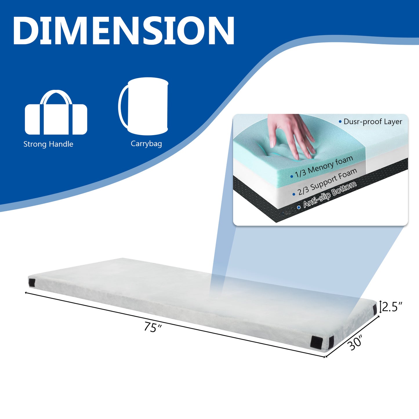 75x30x2.5in, Memory Foam, Grey Camping Mattress, With Storage Bag